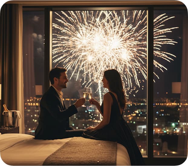 Casal celebrando o ano novo no quarto do hotel